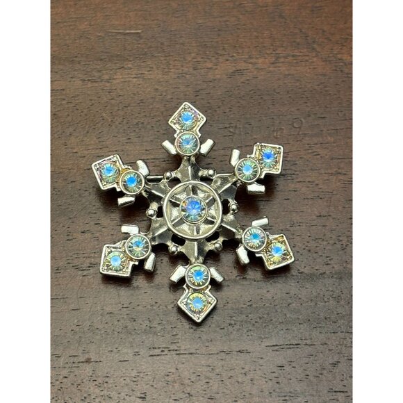 Christopher Radko Snowflake Pin Brooch Blue Rhinestones Silver-Tone Christmas - Picture 3 of 8